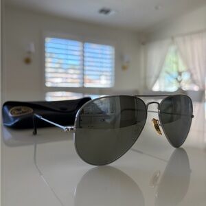 Ray Ban P- Classic Aviator Sunglasses-Polished silver frame/Polarized lenses